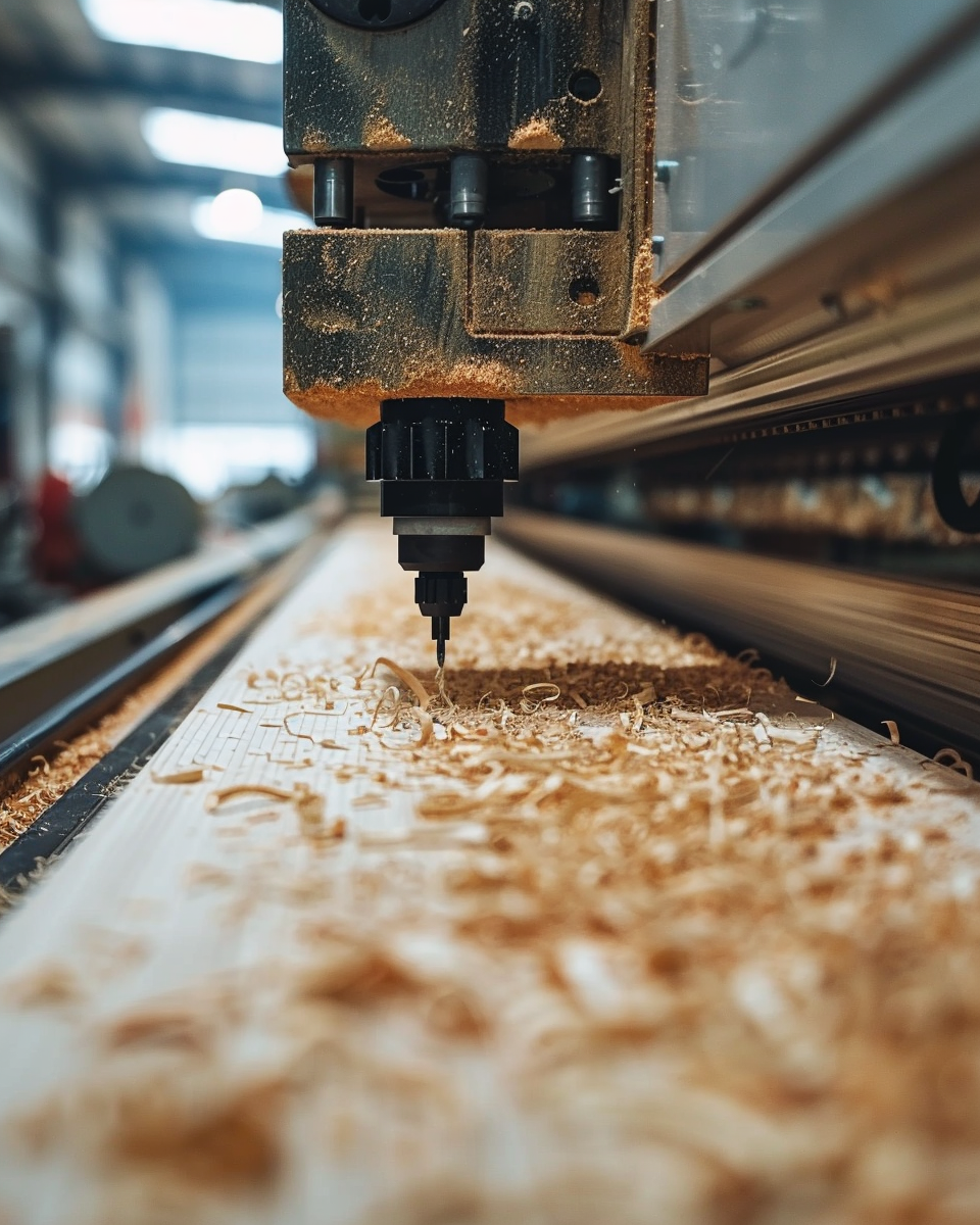 A close-up CNC router cutting a wood panel on the factory floor