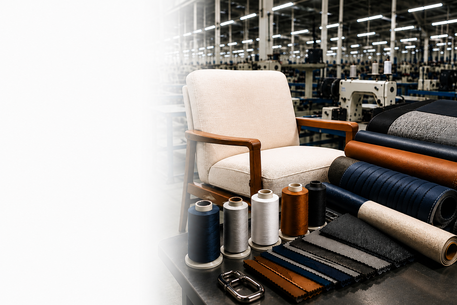 An upholstered lounge chair beside rolls of patterned material, thread spools, and fabric swatches on a sewn products factory floor