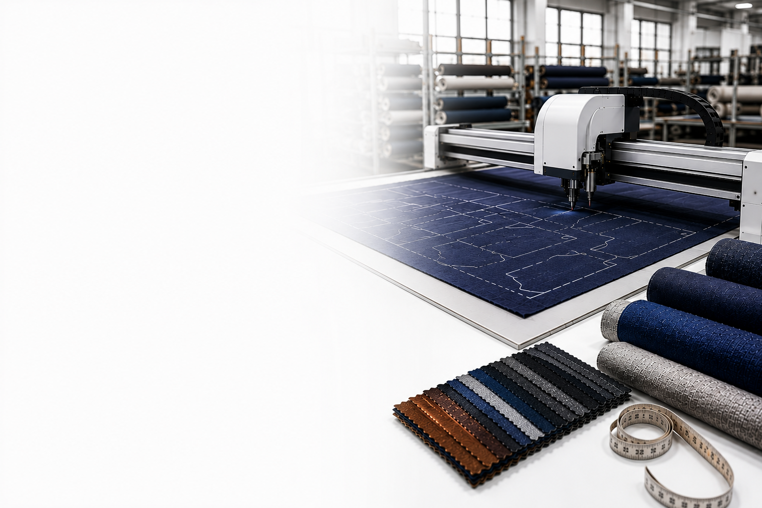 An automated fabric-cutting system tracing garment patterns on navy material beside fabric rolls, swatches, and a measuring tape