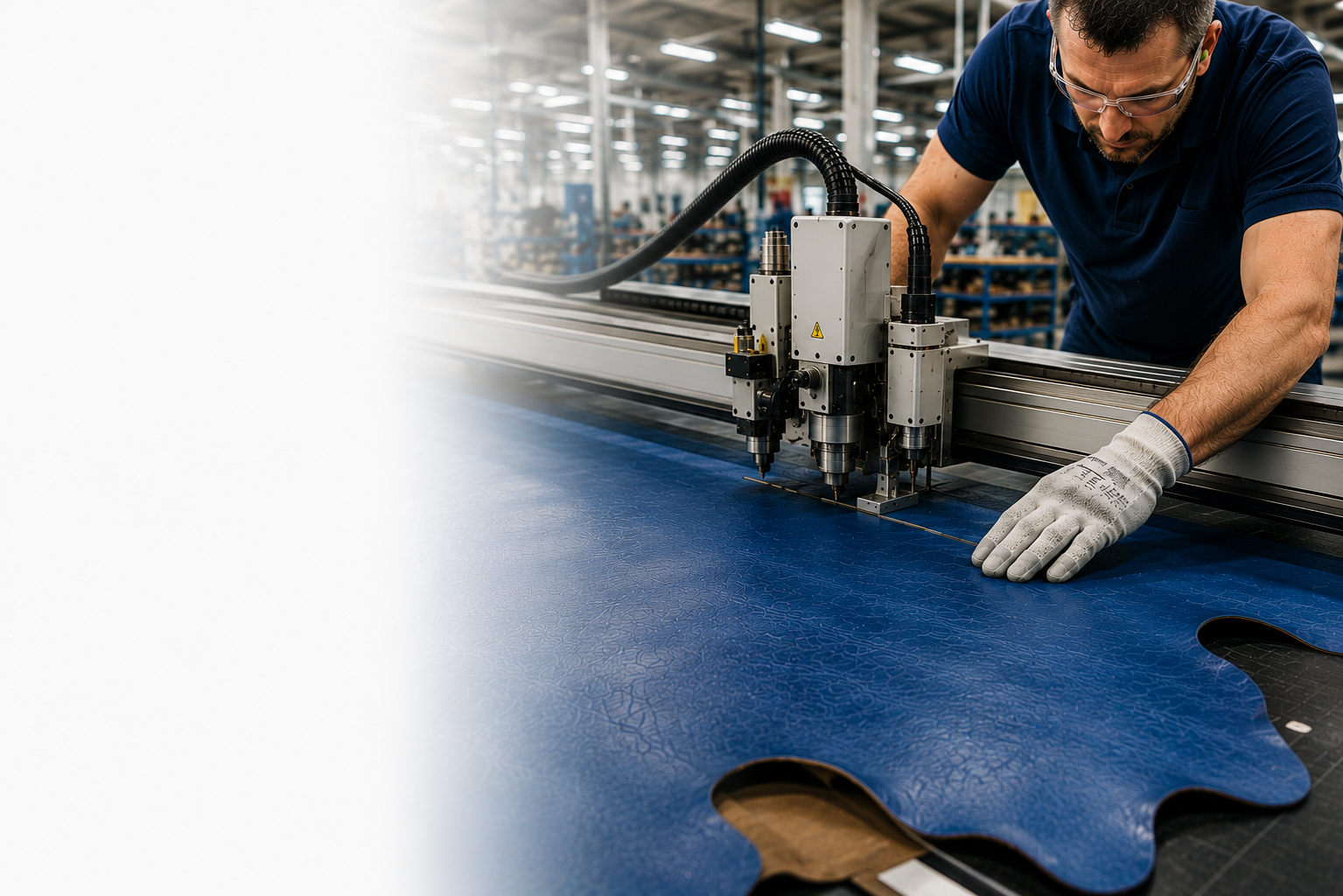 A technician in safety glasses guides an automated cutting machine over a large sheet of blue material on the factory floor